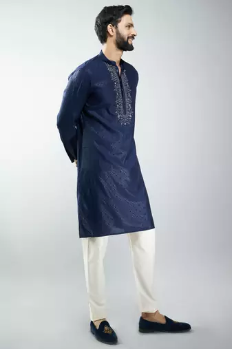men silk blend embroidered kurta pyjama set with cream viscose pyjama  wedding & festive wear