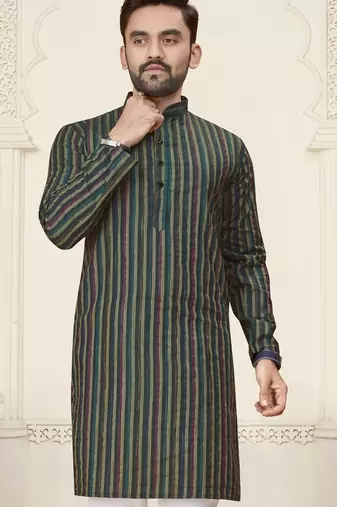 Green jacquard linen cotton straight kurta