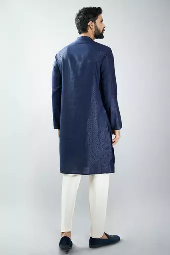 men silk blend embroidered kurta pyjama set with cream viscose pyjama  wedding & festive wear