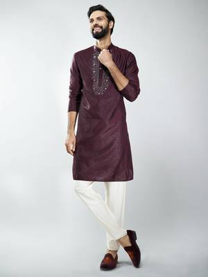 men silk blend embroidered kurta pyjama set with cream viscose pyjama  wedding & festive wear 1