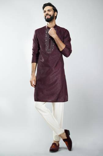 men silk blend embroidered kurta pyjama set with cream viscose pyjama  wedding & festive wear