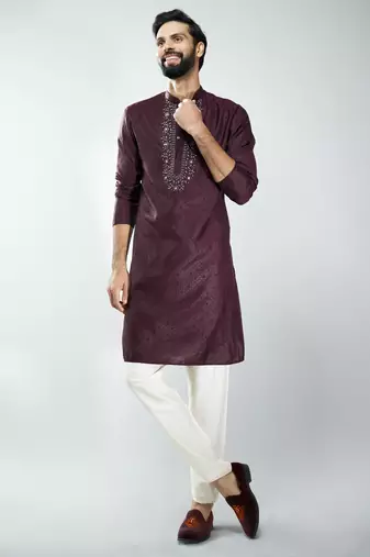 men silk blend embroidered kurta pyjama set with cream viscose pyjama  wedding & festive wear