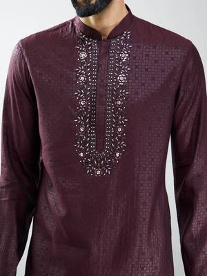 men silk blend embroidered kurta pyjama set with cream viscose pyjama  wedding & festive wear 2