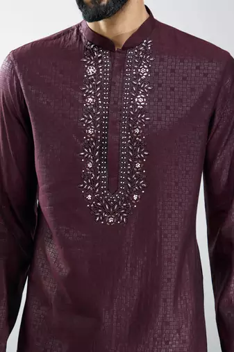 men silk blend embroidered kurta pyjama set with cream viscose pyjama  wedding & festive wear
