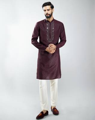 men silk blend embroidered kurta pyjama set with cream viscose pyjama  wedding & festive wear 3