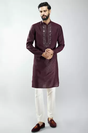 men silk blend embroidered kurta pyjama set with cream viscose pyjama  wedding & festive wear