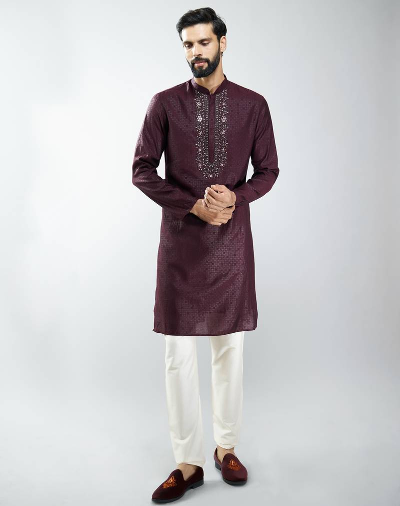 men silk blend embroidered kurta pyjama set with cream viscose pyjama  wedding & festive wear