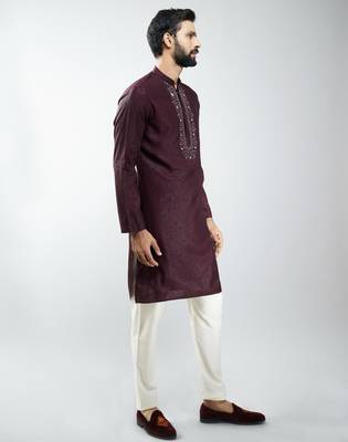 men silk blend embroidered kurta pyjama set with cream viscose pyjama  wedding & festive wear 4