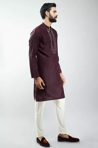 men silk blend embroidered kurta pyjama set with cream viscose pyjama  wedding & festive wear