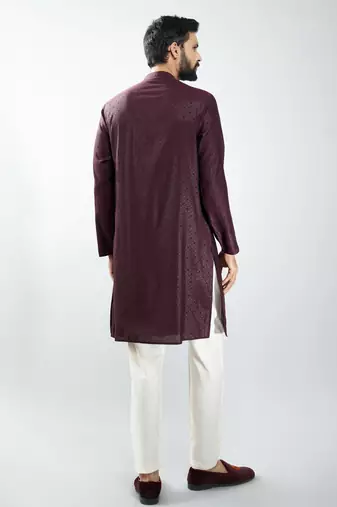 men silk blend embroidered kurta pyjama set with cream viscose pyjama  wedding & festive wear