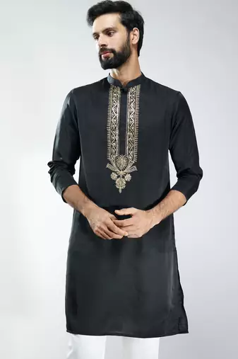 Vastramay men black silk embroidered kurta | wedding & festive wear