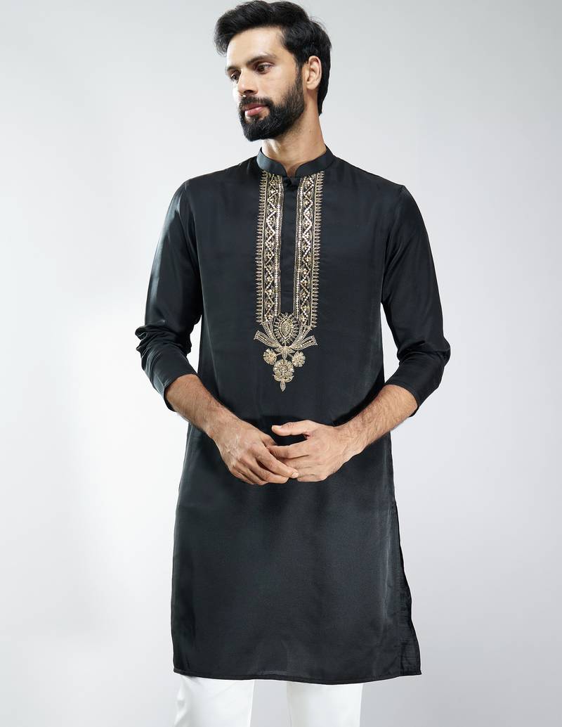 men black silk embroidered kurta  wedding & festive wear