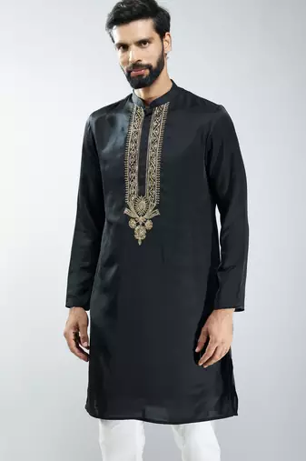 men black silk embroidered kurta  wedding & festive wear