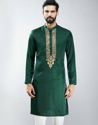 men bottle green silk embroidered kurta  wedding & festive wear 1