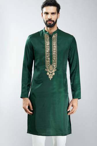 men bottle green silk embroidered kurta  wedding & festive wear