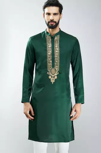 men bottle green silk embroidered kurta  wedding & festive wear