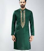 men bottle green silk embroidered kurta  wedding & festive wear