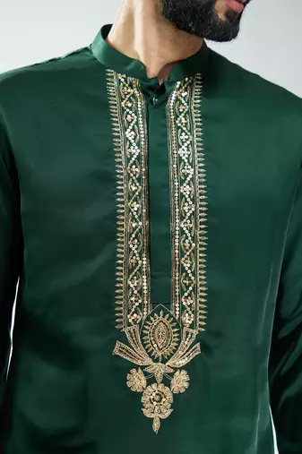 men bottle green silk embroidered kurta  wedding & festive wear