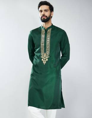 men bottle green silk embroidered kurta  wedding & festive wear 3