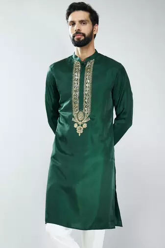 men bottle green silk embroidered kurta  wedding & festive wear