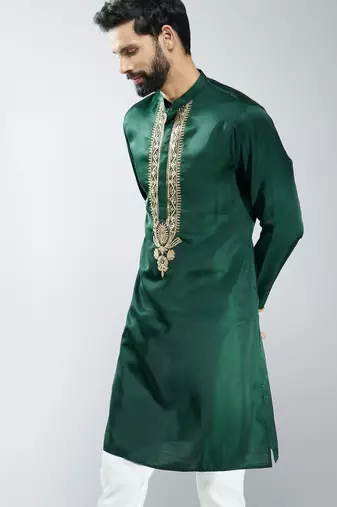 men bottle green silk embroidered kurta  wedding & festive wear
