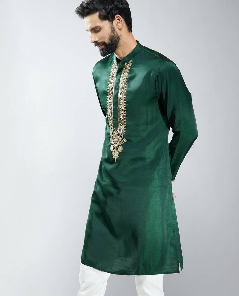 men bottle green silk embroidered kurta  wedding & festive wear