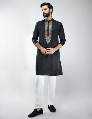 men black silk embroidered kurta pyjama set with cream satin pyjama  wedding & festive wear 1