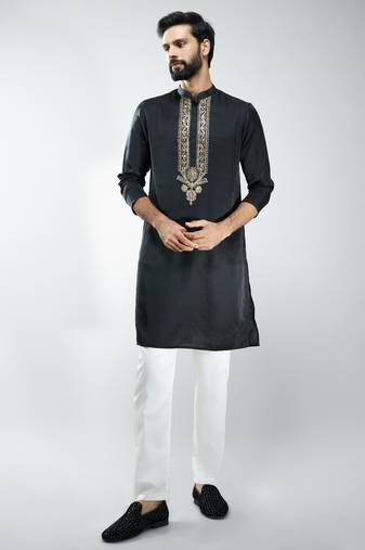 men black silk embroidered kurta pyjama set with cream satin pyjama  wedding & festive wear