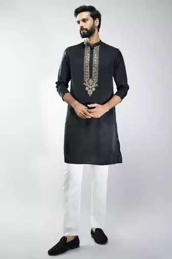 men black silk embroidered kurta pyjama set with cream satin pyjama  wedding & festive wear