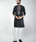 men black silk embroidered kurta pyjama set with cream satin pyjama  wedding & festive wear