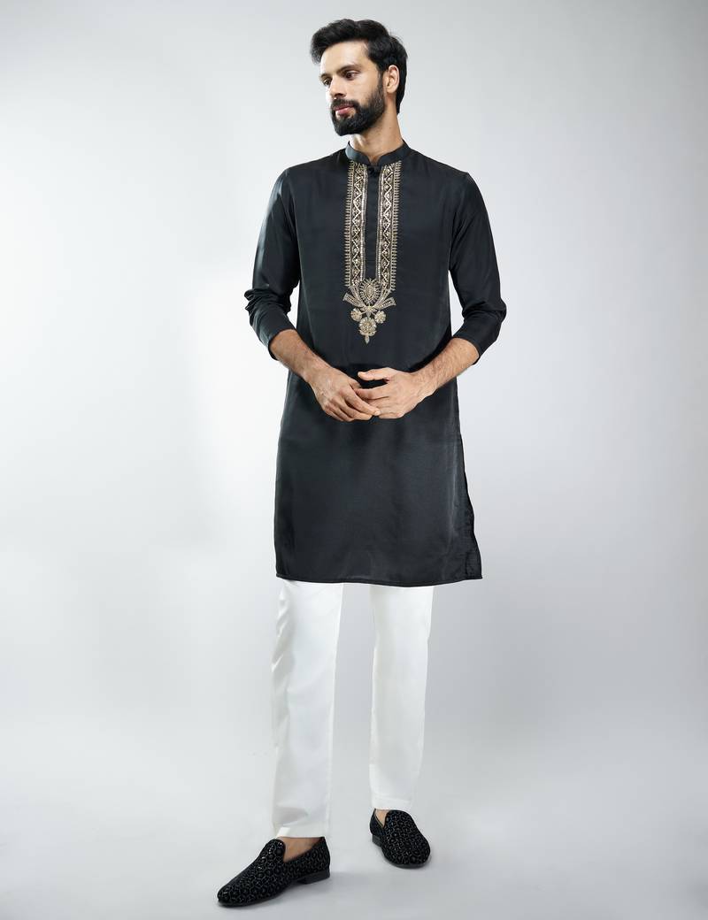 men black silk embroidered kurta pyjama set with cream satin pyjama  wedding & festive wear