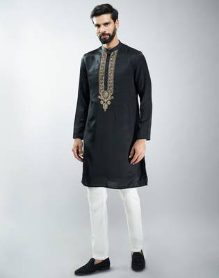 men black silk embroidered kurta pyjama set with cream satin pyjama  wedding & festive wear 3