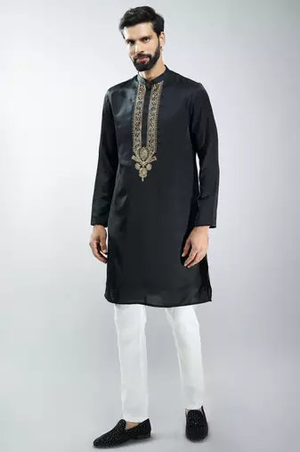 men black silk embroidered kurta pyjama set with cream satin pyjama  wedding & festive wear