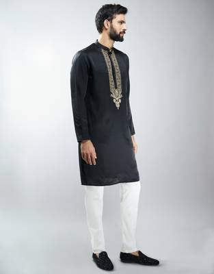 men black silk embroidered kurta pyjama set with cream satin pyjama  wedding & festive wear 4