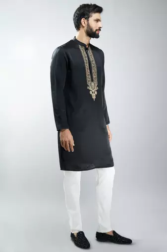 men black silk embroidered kurta pyjama set with cream satin pyjama  wedding & festive wear