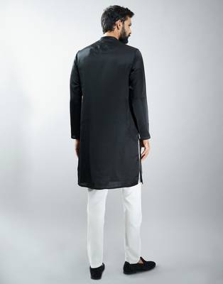 men black silk embroidered kurta pyjama set with cream satin pyjama  wedding & festive wear 5