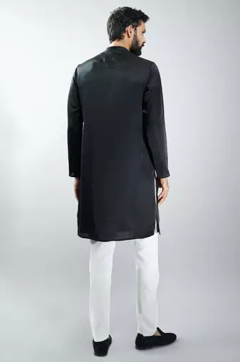 men black silk embroidered kurta pyjama set with cream satin pyjama  wedding & festive wear