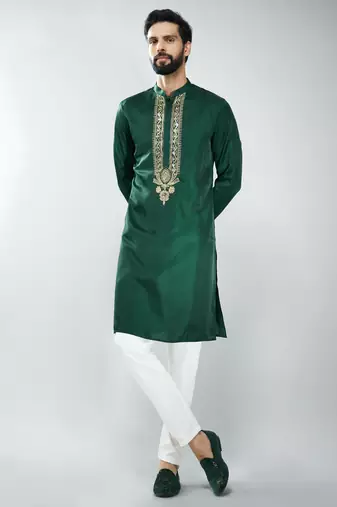 men embroidered kurta pyjama set with cream satin pyjama  wedding & festive wear