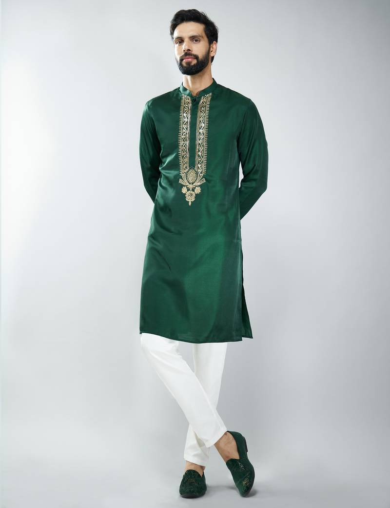 men embroidered kurta pyjama set with cream satin pyjama  wedding & festive wear