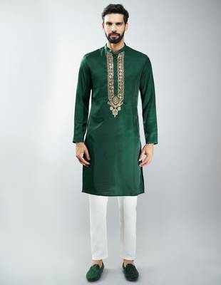 men embroidered kurta pyjama set with cream satin pyjama  wedding & festive wear 3