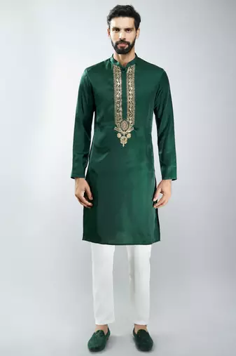 men embroidered kurta pyjama set with cream satin pyjama  wedding & festive wear