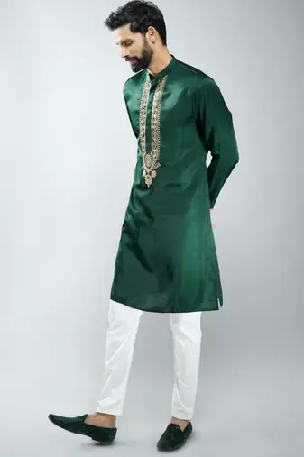 men embroidered kurta pyjama set with cream satin pyjama  wedding & festive wear