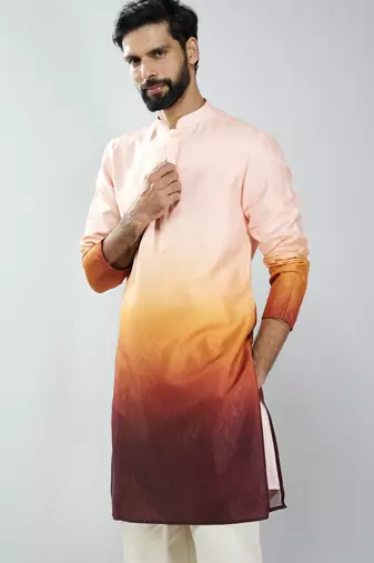 men brown silk blend ombre printed long kurta  wedding & festive wear