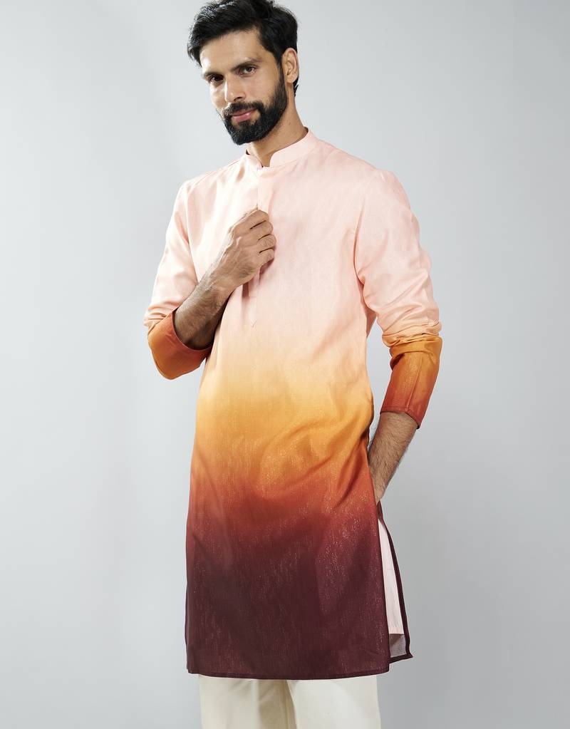 men brown silk blend ombre printed long kurta  wedding & festive wear