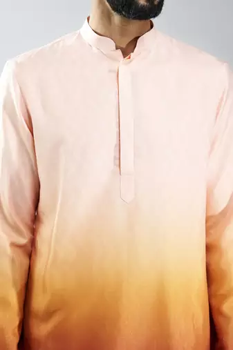 men brown silk blend ombre printed long kurta  wedding & festive wear