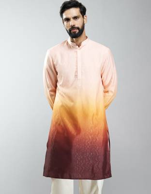 men brown silk blend ombre printed long kurta  wedding & festive wear 3