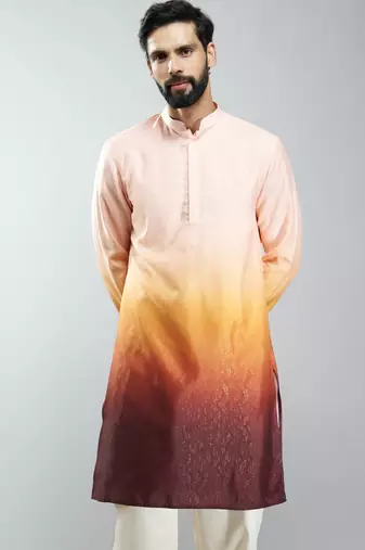 men brown silk blend ombre printed long kurta  wedding & festive wear