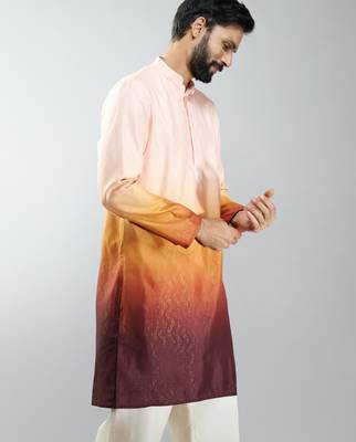 men brown silk blend ombre printed long kurta  wedding & festive wear 4