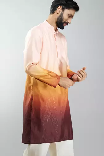 men brown silk blend ombre printed long kurta  wedding & festive wear