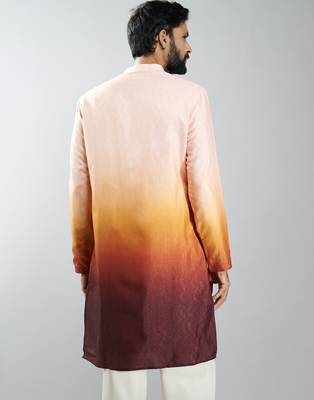 men brown silk blend ombre printed long kurta  wedding & festive wear 5
